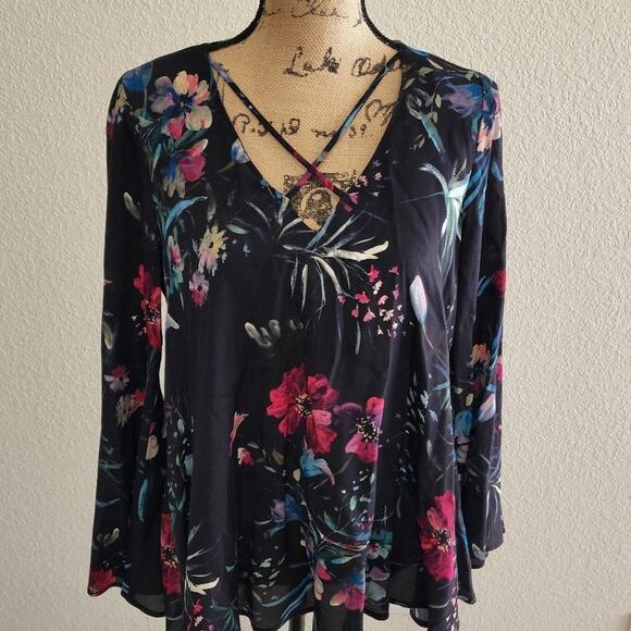 FIFTEEN TWENTY floral bell sleeve lattice front boho blouse‎ size small - Picture 2 of 9
